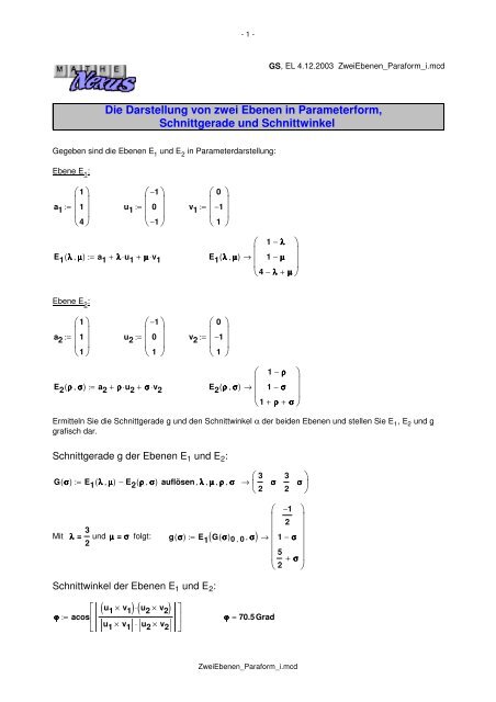 Die Darstellung von zwei Ebenen in Parameterform ... - MatheNexus