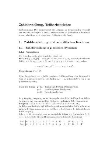 Zahldarstellung, Teilbarkeitslehre 1 Zahldarstellung und schriftliches ...