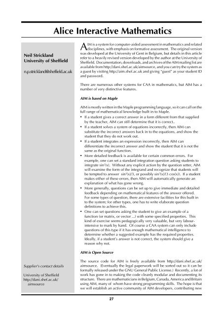 Alice Interactive Mathematics - Maths, Stats & OR Network