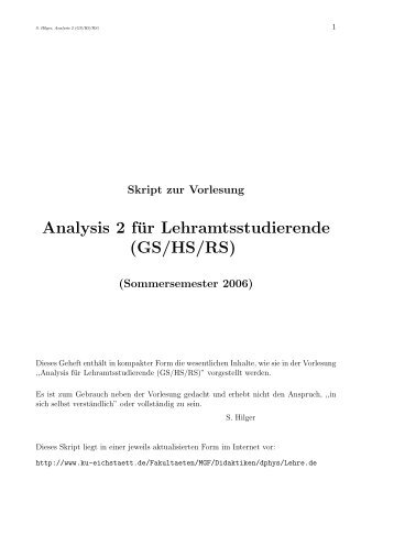 Analysis 2 für Lehramtsstudierende (GS/HS/RS)