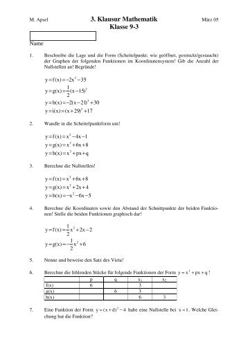 Klausur quadratische Funktionen - Matthias Apsel