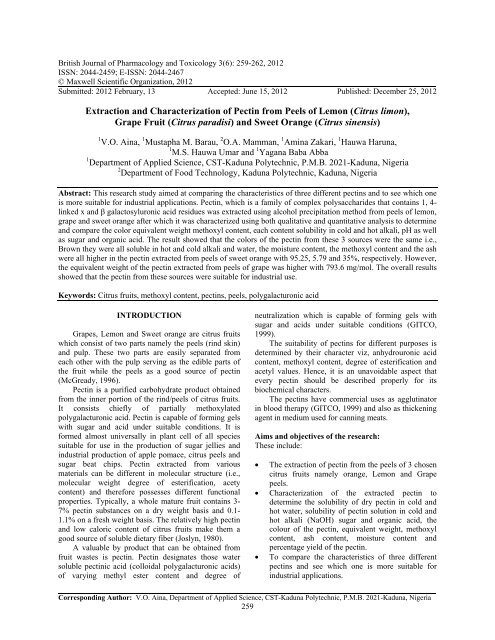 Extraction and Characterization of Pectin from ... - Maxwell Science