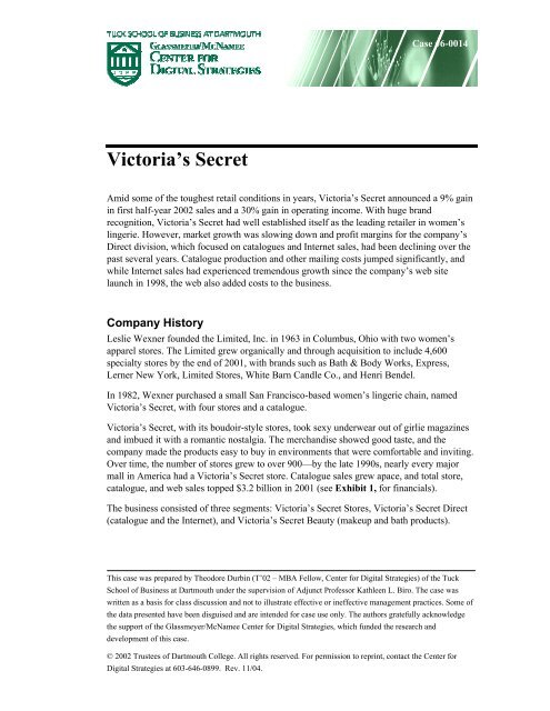 Victoria S Secret Tuck School Of Business Dartmouth College