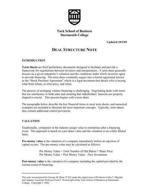 deal structure note - Tuck School of Business - Dartmouth College