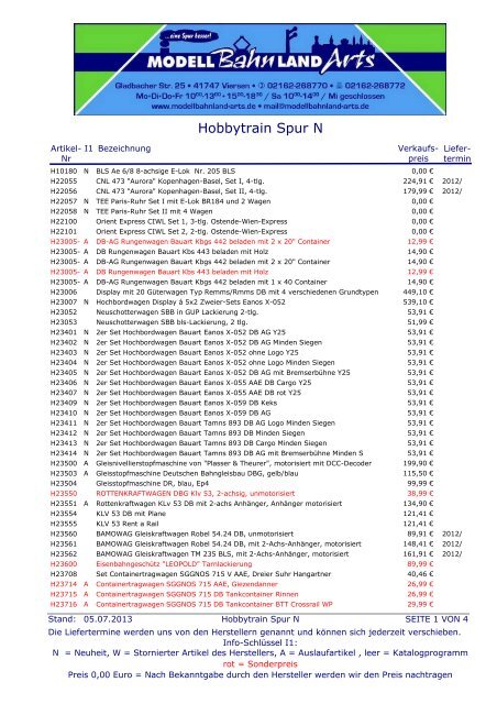 Hobbytrain Spur N Preisliste