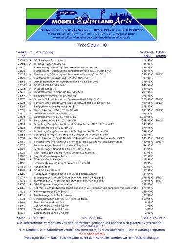 Trix Spur H0= Preisliste