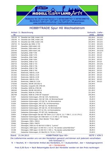 Hobbytrade Spur H0~ Preisliste