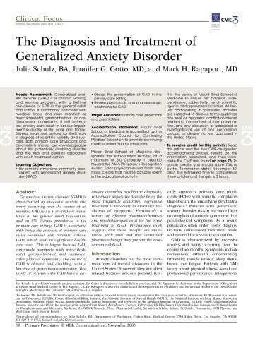 The Diagnosis and Treatment of Generalized Anxiety Disorder