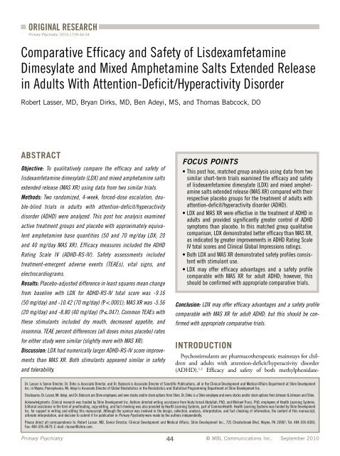 Comparative Efficacy and Safety of Lisdexamfetamine Dimesylate ...