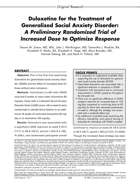 Duloxetine For The Treatment Of Generalized Social Anxiety - MBL ...