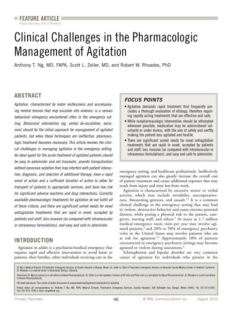 Clinical Challenges in the Pharmacologic Management of Agitation