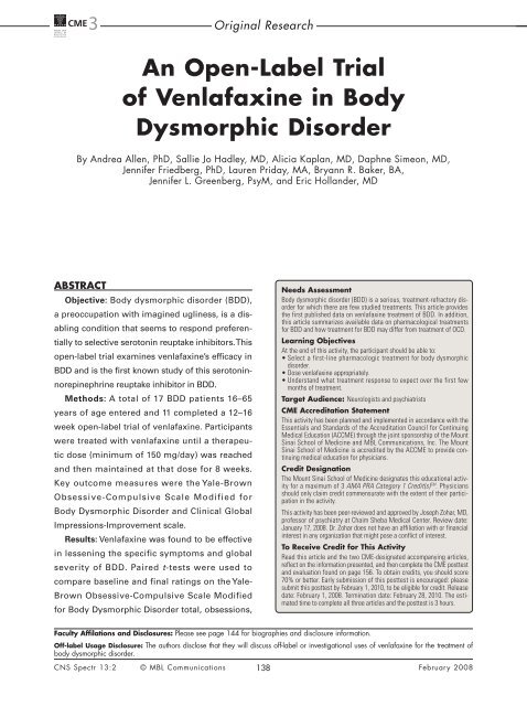 An Open-Label Trial of Venlafaxine in Body Dysmorphic Disorder