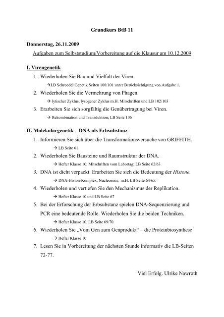 Grundkurs BtB 11 Donnerstag, 26.11.2009 Aufgaben zum ...