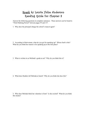 Speak by Laurie Halse Anderson Reading Guide for Chapter 3