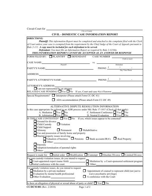 CIVIL DOMESTIC CASE INFORMATION REPORT Circuit Court for CIVIL DOMESTIC CASE INFORMATION REPORT Circuit Court for
