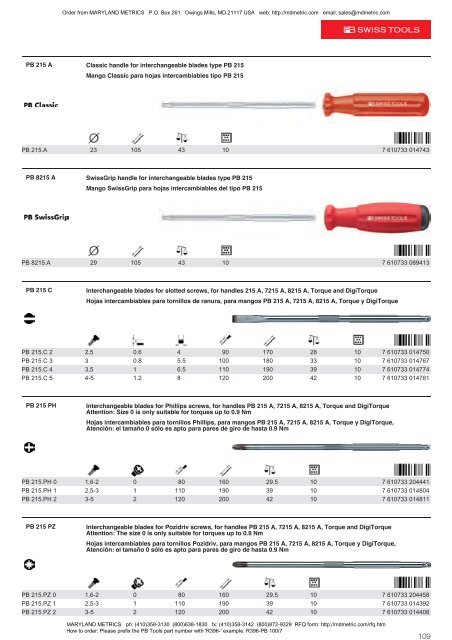 PB Swiss Tools are available from MARYLAND METRICS 2011