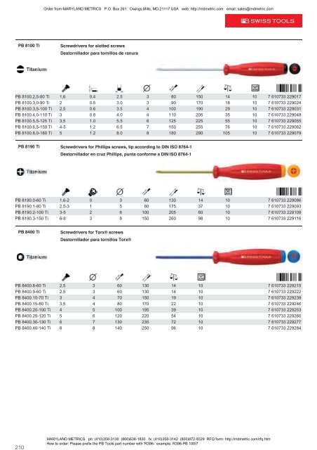 PB Swiss Tools are available from MARYLAND METRICS 2011