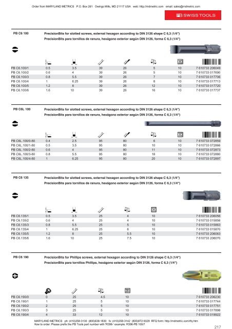 PB Swiss Tools are available from MARYLAND METRICS 2011