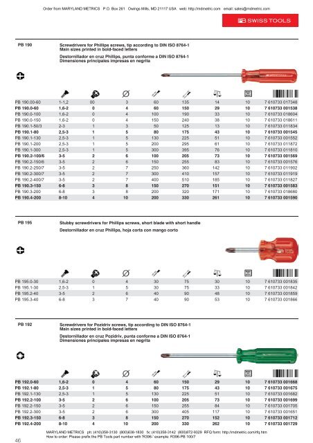 PB Swiss Tools are available from MARYLAND METRICS 2011