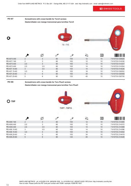 PB Swiss Tools are available from MARYLAND METRICS 2011