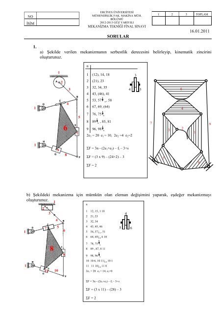 Mekanizma Tekniği 12-13 Final Çözümü - Erciyes Üniversitesi