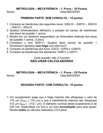 METROLOGIA – MECATRÔNICA - PROVA FINAL