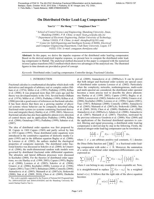 On Distributed Order Lead-Lag Compensator* - mechatronics - Utah ...