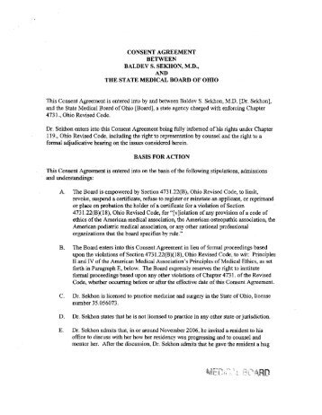 CONSENT AGREEMENT BETWEEN BALDEV S. SEKHON, M.D. ...