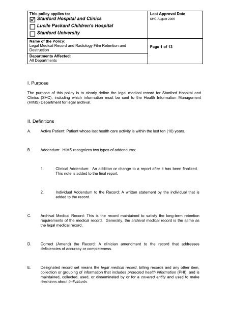 SHC Policy-Legal Medical Records and Radiology Film Retention ...