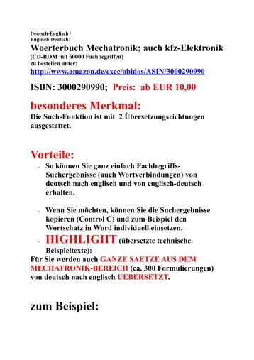 Merkmale Vorteile Nutzen und Leseprobe:  Woerterbuch Mechatronik deutsch-englisch