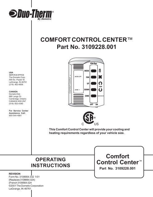 4 5 01 3109228 001 Comfort Control Center Operating Instructions