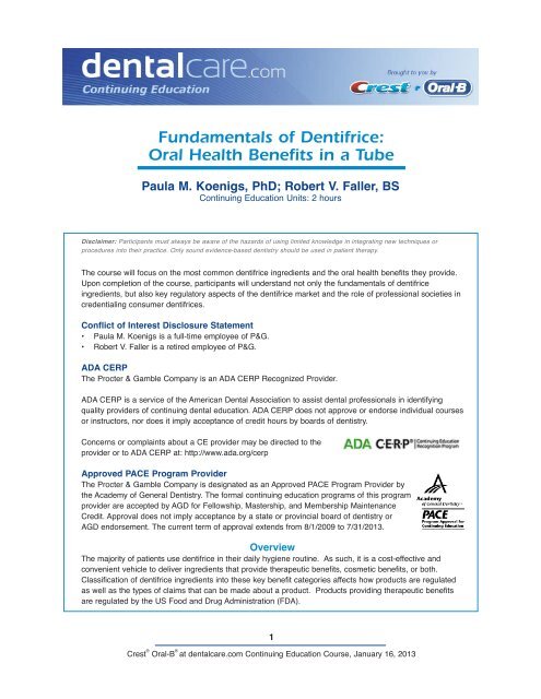 CE410 - Fundamentals of Dentifrice: Oral Health ... - DentalCare.com