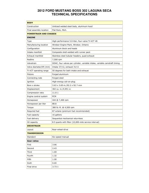 2012 ford mustang boss 302 laguna seca technical specifications