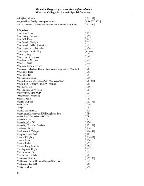 Malcolm Muggeridge Papers (microfilm edition ... - Hoover Institution