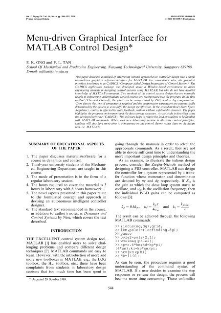 Menu-driven Graphical Interface for MATLAB Control Design*