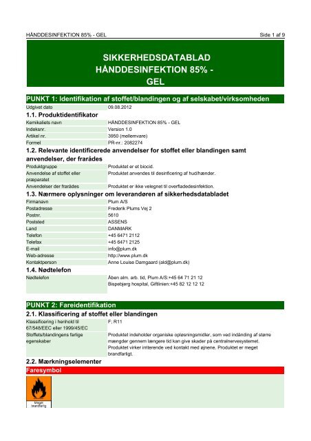 sikkerhedsdatablad hånddesinfektion 85% - gel - Knud E. Dan A/S