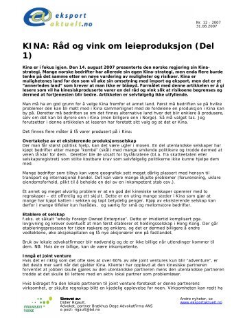 KINA: Råd og vink om leieproduksjon (Del 1) - Eksportaktuelt