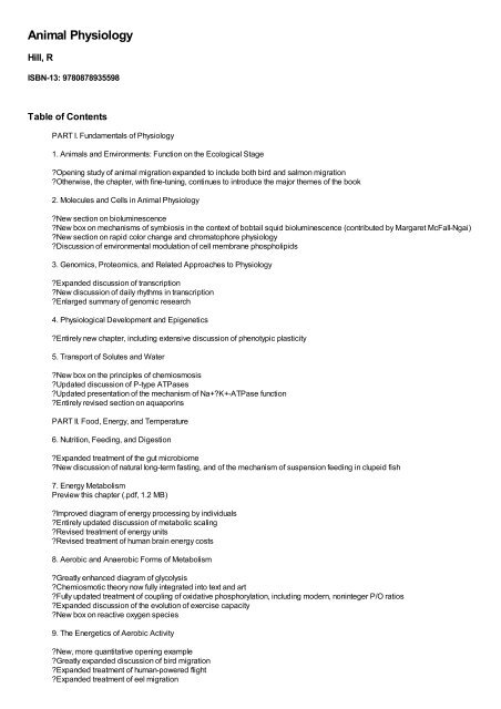 Table of Contents for (9780878935598) Animal Physiology by Hill, R Table of Contents for (9780878935598) Animal Physiology by Hill, R