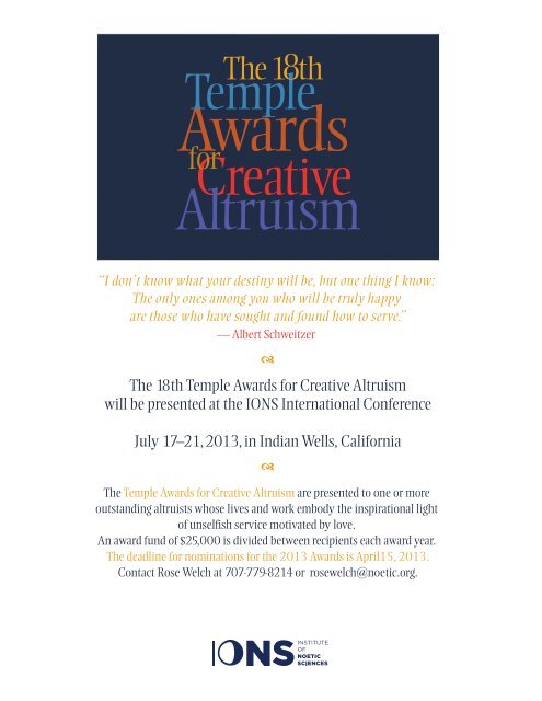 The 18th Temple Awards for Creative Altruism will be presented at ...