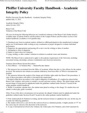 Pfeiffer University Faculty Handbook - Academic Integrity Policy
