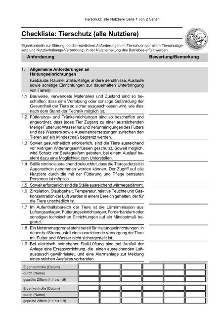 Checkliste: Tierschutz (alle Nutztiere)