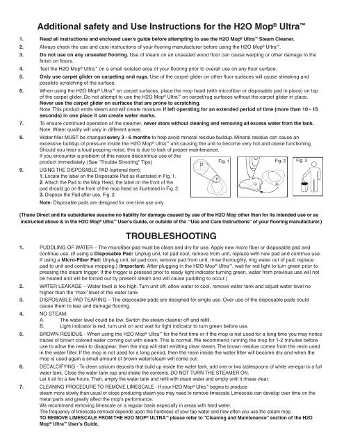 Additional safety and Use Instructions for the H2O Mop® Ultra