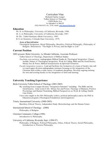 Curriculum Vitae Education Current Position ... - Biola University