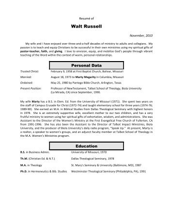 Walt Russell Resume, Nov., 2010 - Biola University