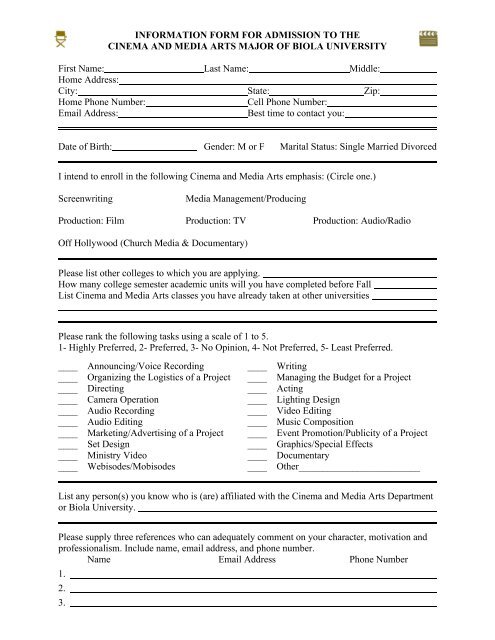 INFORMATION FORM FOR ADMISSION TO THE ... - Biola University