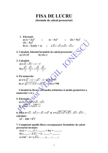 FISA DE LUCRU _formule de calcul prescurtat