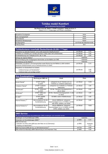 Tchibo mobil Komfort-Tarif Preisliste v3.14