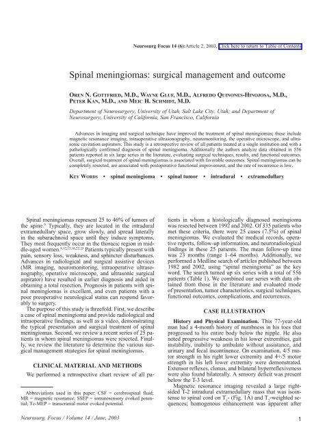 Spinal meningiomas: surgical management and outcome