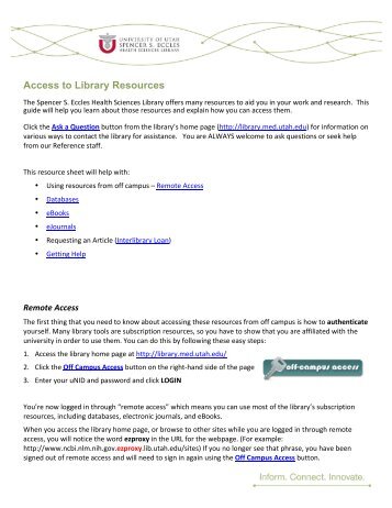 Access to Library Resources - University of Utah - School of Medicine