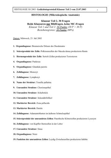 HISTOLOGIE (Mikroskopische Anatomie) Klausur Teil 2, 30 Fragen ...